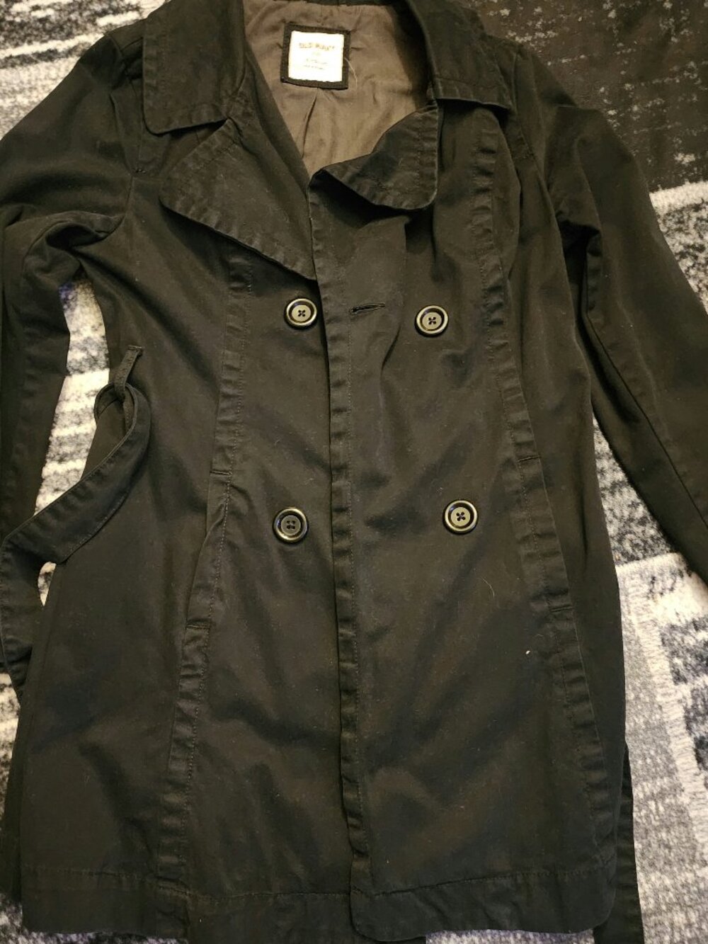 Old Navy Black 100% Cotton Double Breasted Belted Trench Coat Size Medium